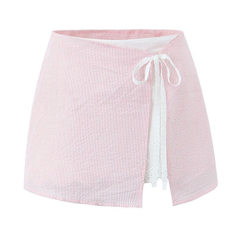 

Sweet Sweet Girl French Style Girlish Style Lace Lace Stripes Bow Suspenders + High Waist Slit Mini Skirt Pink overskirt (Fashion Tape) M