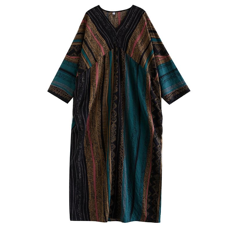 Dimanaf 2025 Dame Pluss Størrelse Vår Lang Kjole Løs Basic Trykk Vintage Casual Blomstret Oversize Langermet Maxi