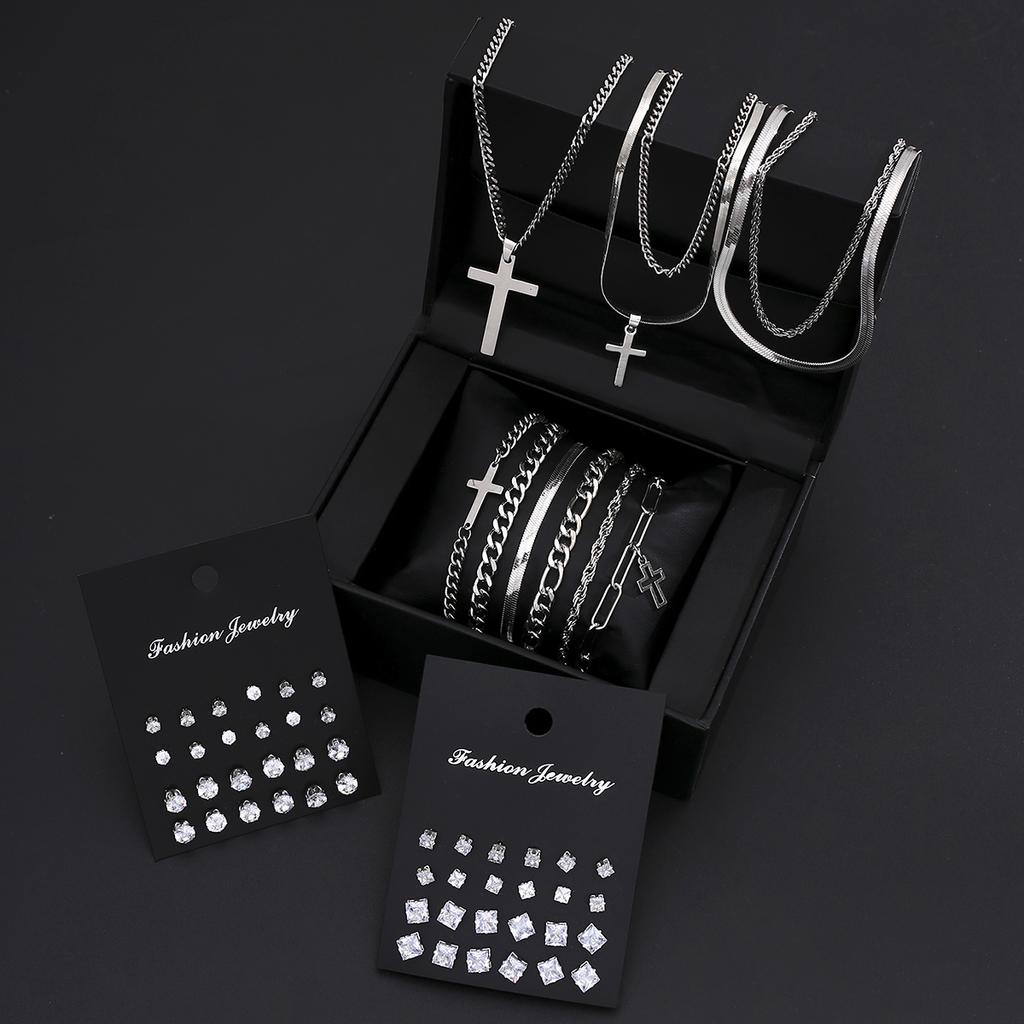 59pcs Stainless Steel Punk Jewelry Set for Men Women Zircon Cross Pendant Necklace Bracelet Earring Sets Unisex Hip Hop Jewelry