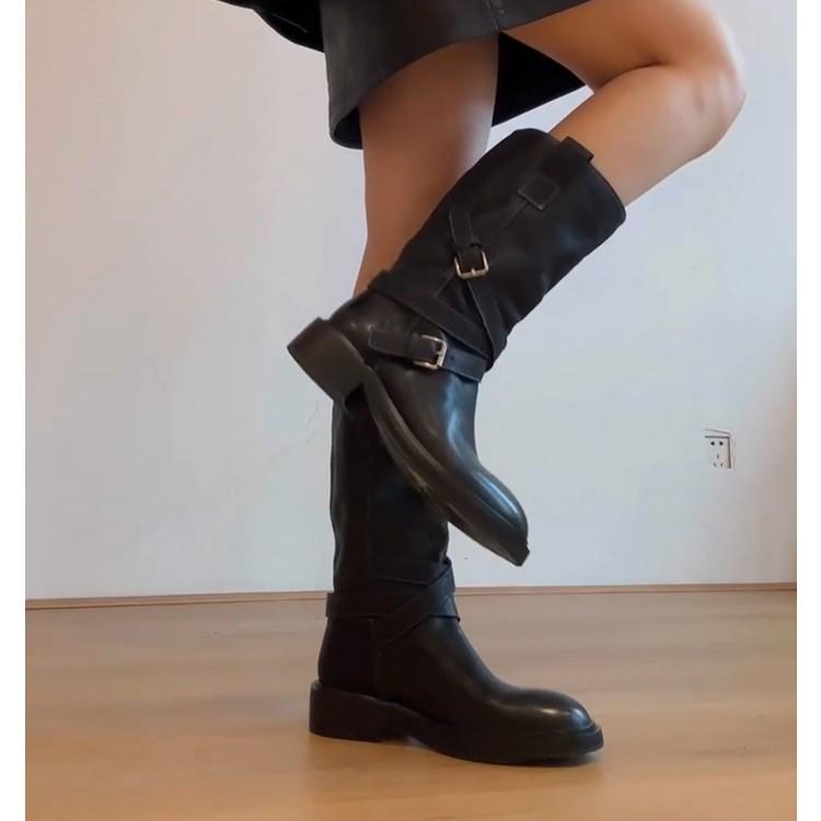 Retro round head versatile belt buckle medium boots western cowboy boots slim thick-soled fried street versatile knight boots