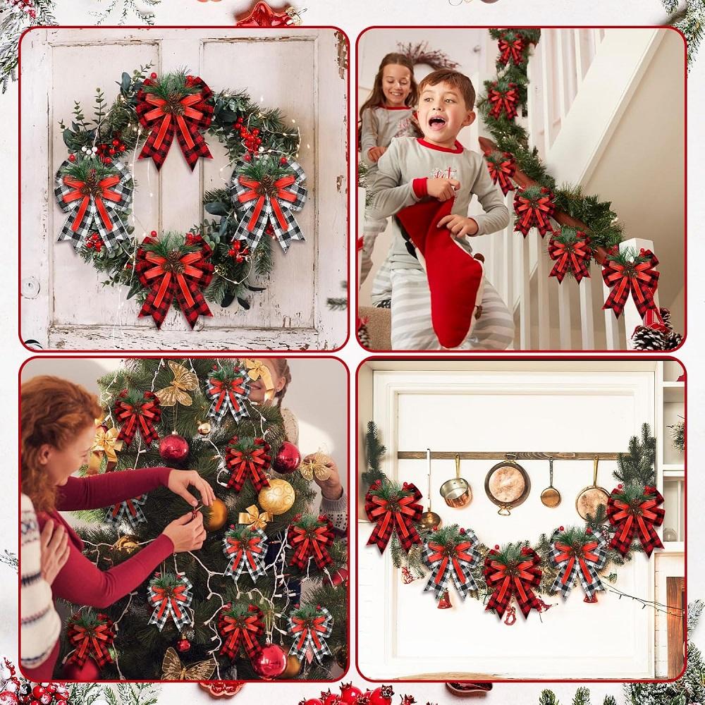 3 Pcs Christmas Bows with Pine Cones Needles Xmas Velvet Bow Red Ribbon Christmas Tree Wreath Decoration Indoor Crafts DIY Decor