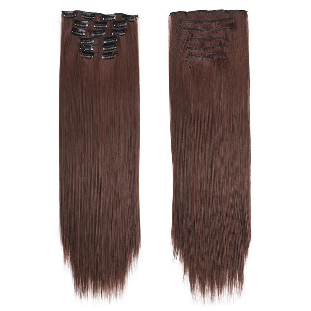 Postiche 6 pièces/ensemble Extensions de cheveux à clips pour tête entière Cheveux longs raides Couleur blond marron