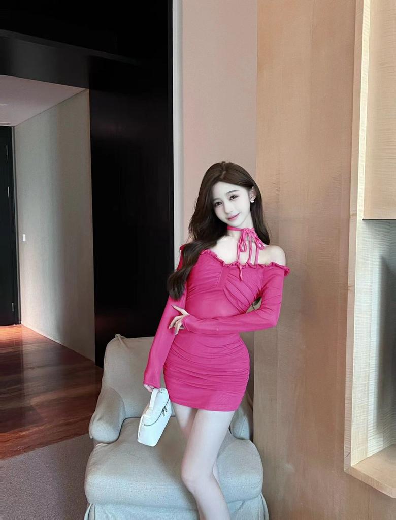 Sexy low-cut strap mesh solid color dress long-sleeved tight hip skirt work clothes autumn and winter