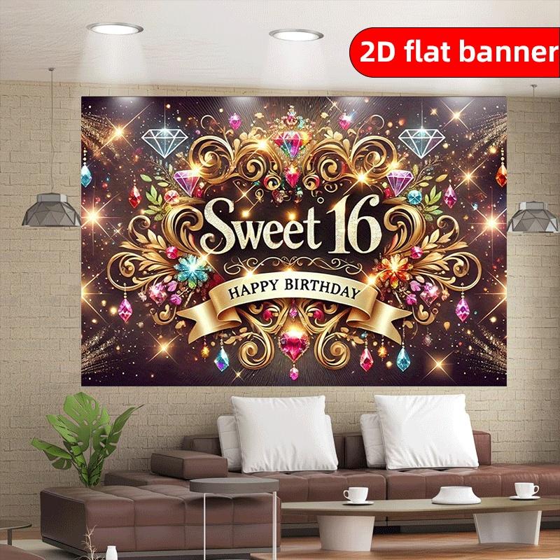2D Flat 16 Year Old Background Fabric Flag Party Tapestry Indoor and Outdoor Banner Decoration Holiday Party Birthday Decoration