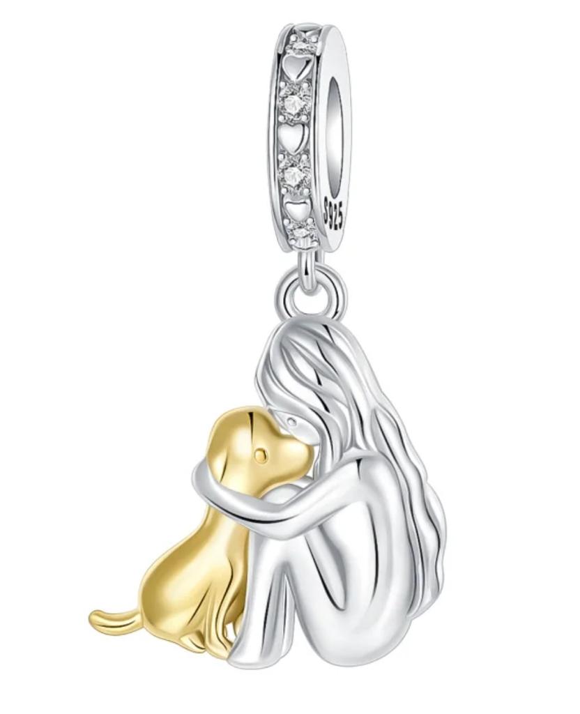 Copper Girl Holding Dog Charm Golden Retriever Beads Fit Original Bracelet Making Gift For Woman Jewelry Diy Fashion Pendant