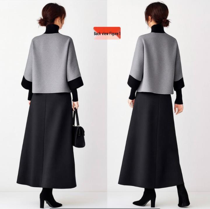 Japanese Winter 2025 Color Block Round Neck Jacket & Pleated A-Line Skirt Two-Piece Set