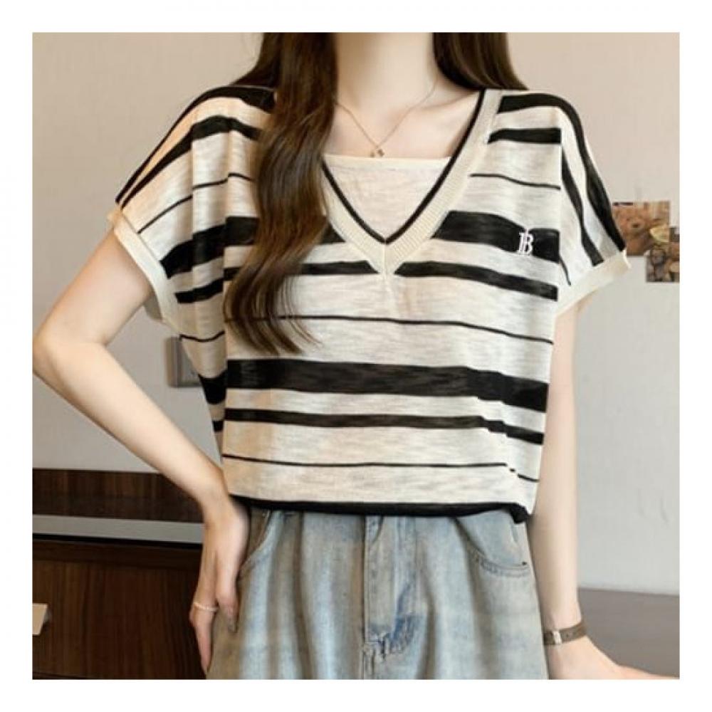 Navava 2in1 STripe Color Block Cap Sleeve KniT T shirT Nk2201