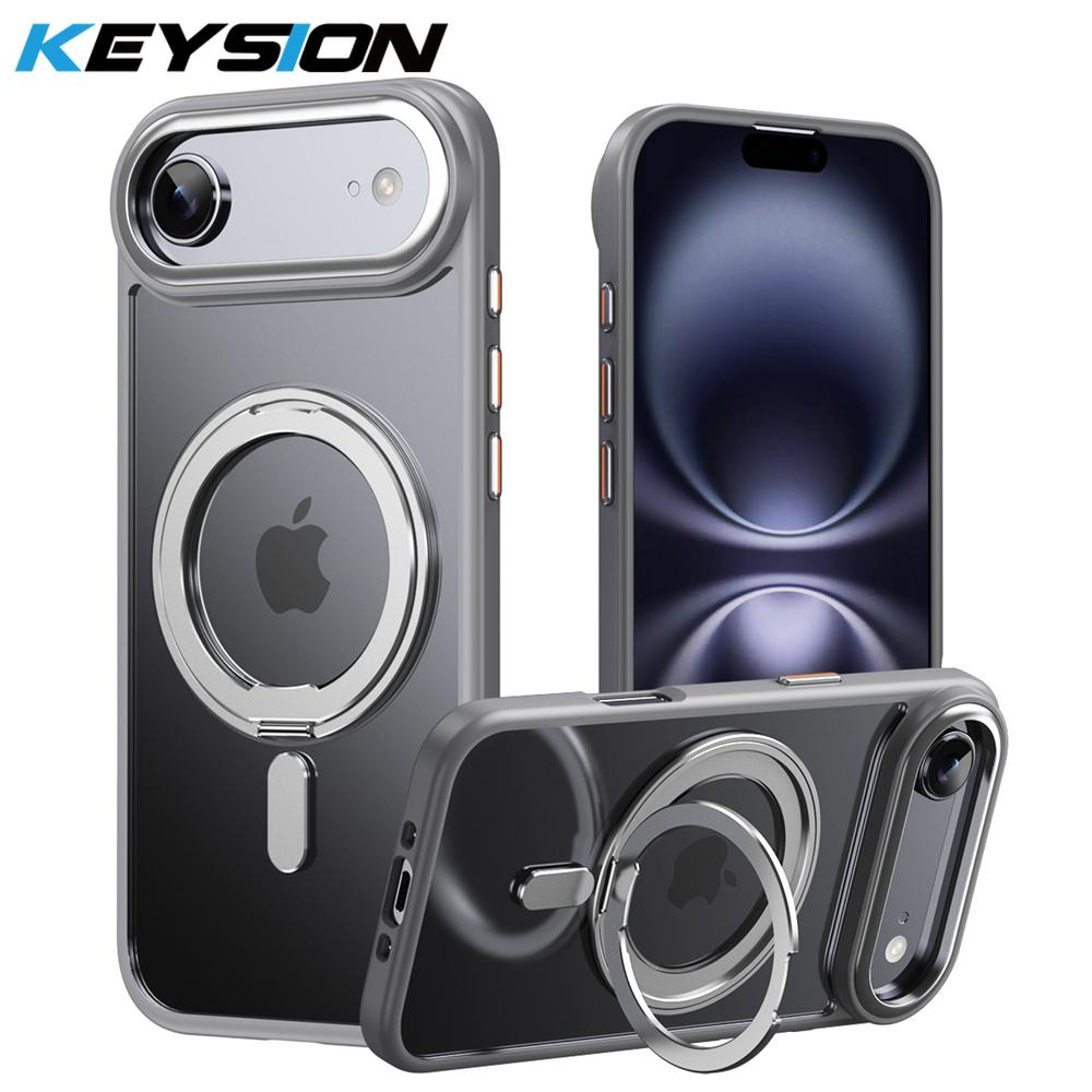 

KEYSION Shockproof Transparent Matte Case for MagSafe for iPhone 17 17 Air 360° Magnetic Ring Stand Wireless Charging Phone Back Cover for iPhone 17 Air серый