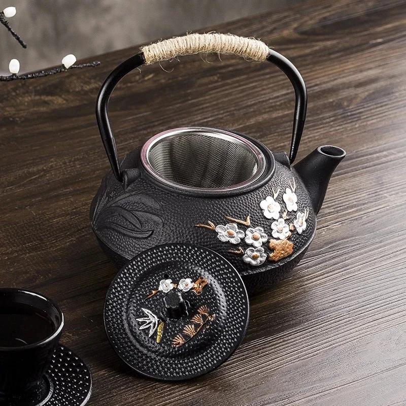300ML 600ML 800ML Japanese Iron Tea Pot Plum and Bamboo Painted Cast Iron Kettle Boiling Water Set with Strainer Pot