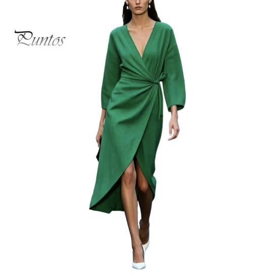 Lady Ruffle Dress Summer Women Deep V-Neck Dress, Slim Waist Midi Long Sleeves Solid Color Wrap for Daily Wear Party