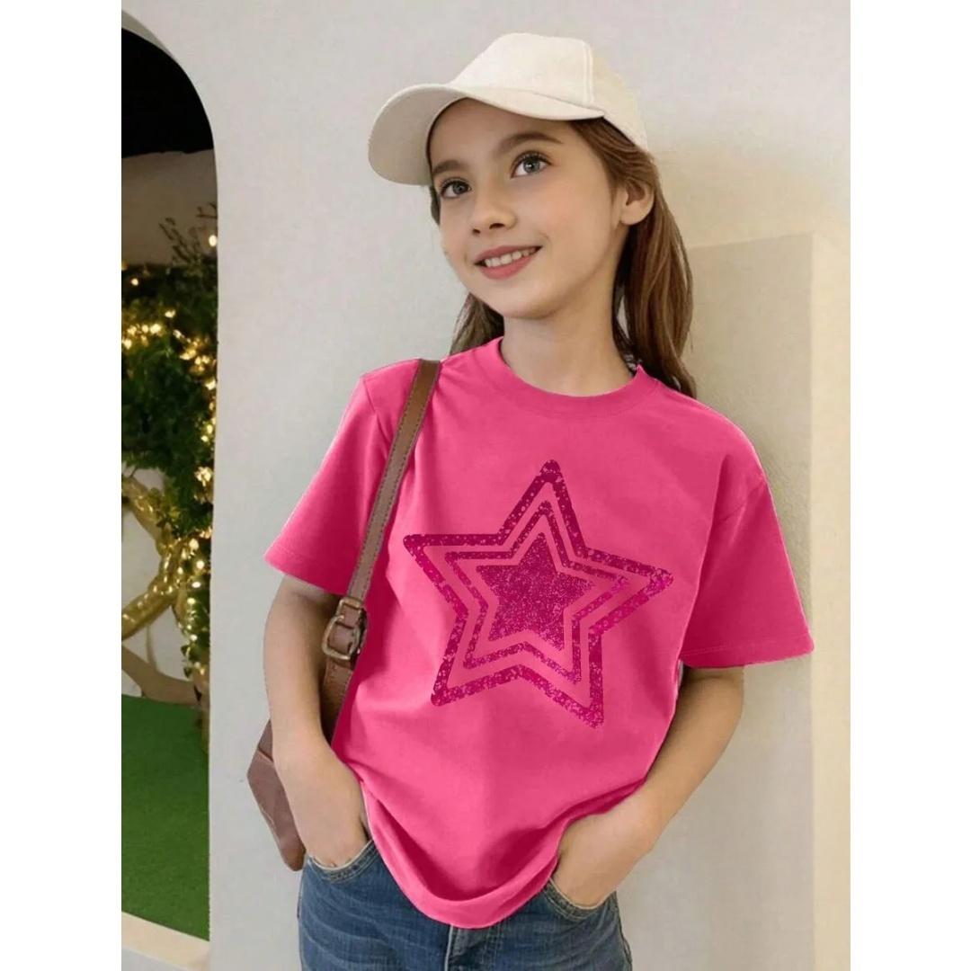 

Летняя Новая Детская Футболка Звездный Принт Круглый Вырез Футболка Одежда для Девочек Короткий Рукав Дышащая Одежда для Улицы 100