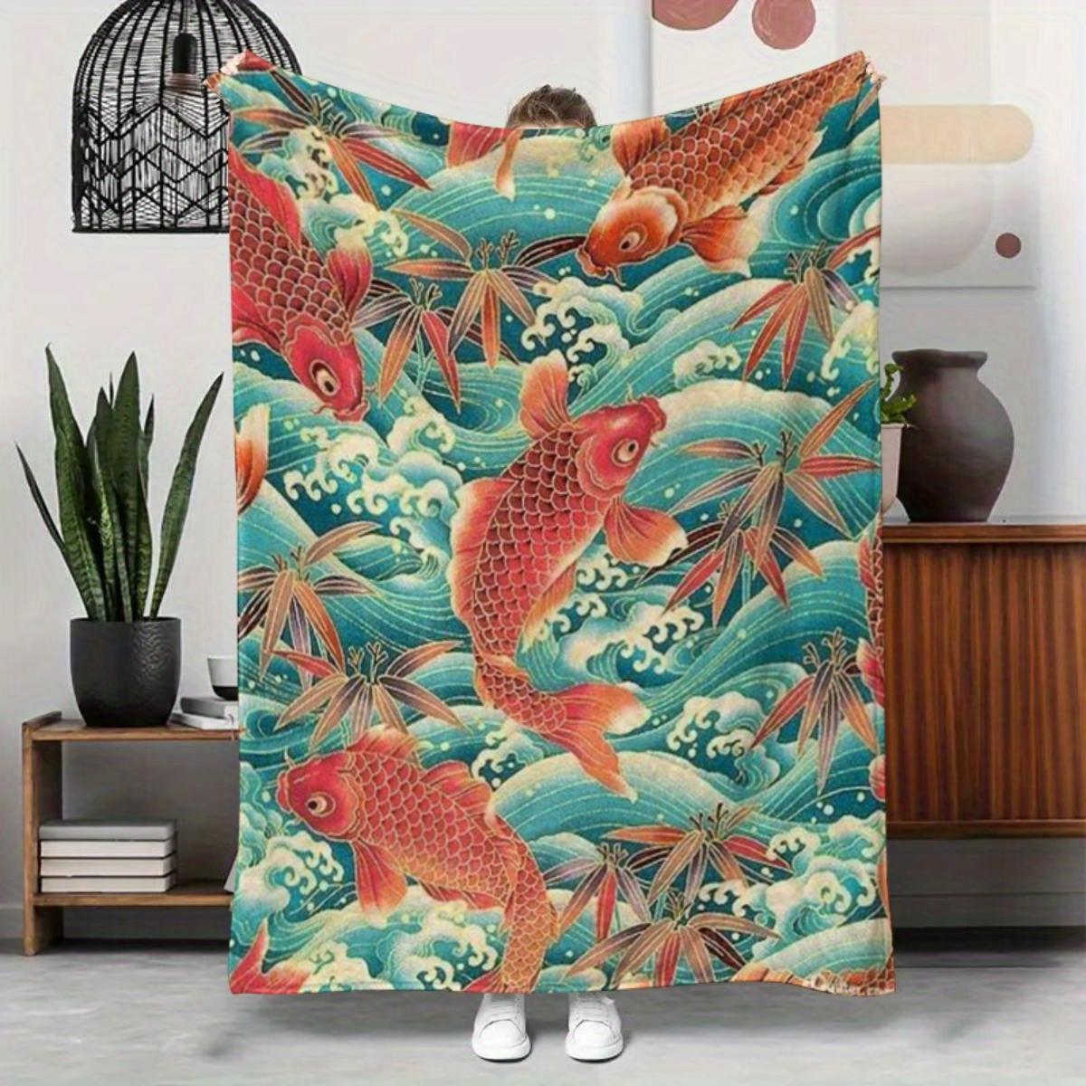 1 Japanese koi fish and wave print flannel blanket—soft and warm, perfect for home décor, bed, camping, or travel, Christmas. 130x150cm