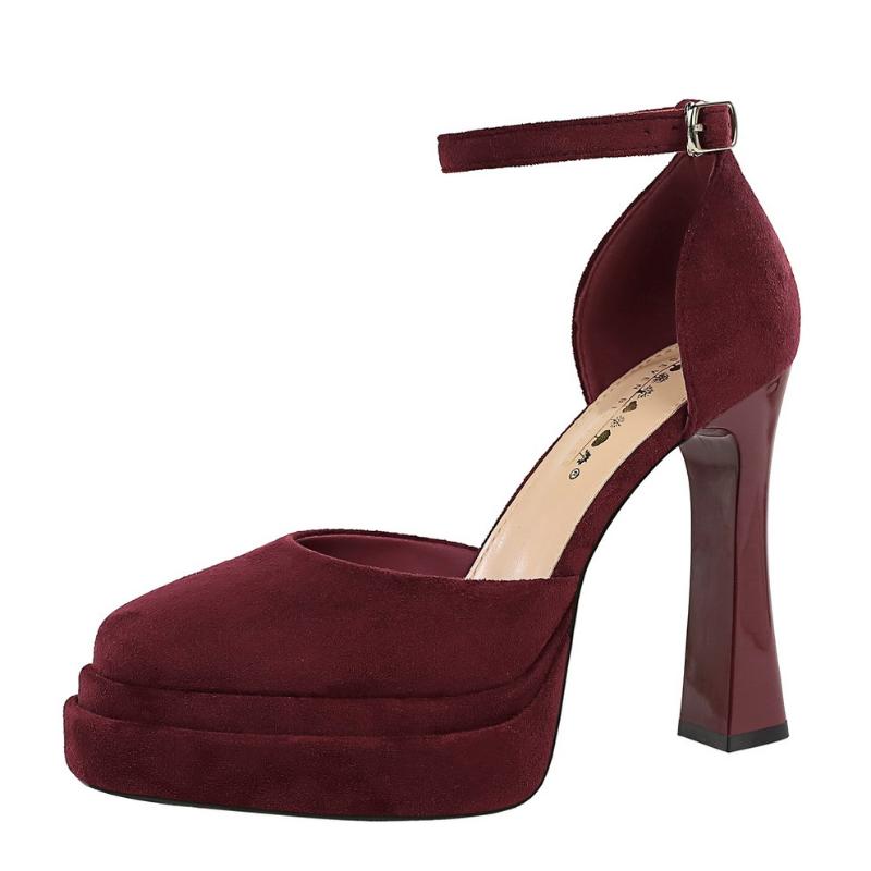 Korean Version Air-Quality Shallow Mouth Round Toe Suede Super High Heels Thick Heels Waterproof Platform One-Strip Sandals