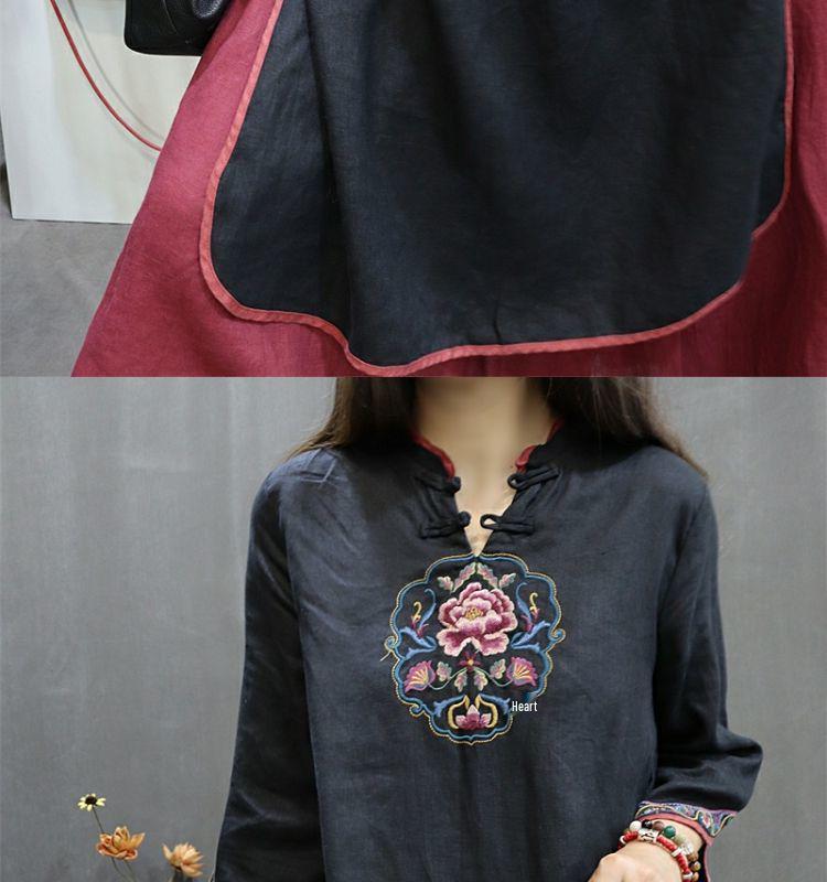 Embroidered Cotton Linen Cheongsam: Mid-Length Ethnic Summer Dress