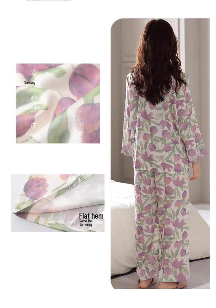 2026 Women's Milk Silk Pajamas Set: V-Neck Cardigan, Long Sleeve, Long Pants, Thin Polka Dot Print for Spring and Autumn