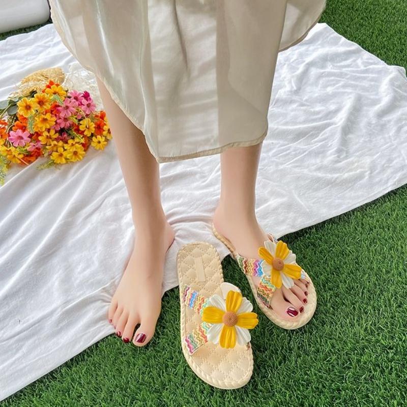 Fashion Outside Shoes for Women Flowers Sandals On Beach Flat Woman Slippers Stylish 39 2025 Luxury Low Price Summer Slides Promotion