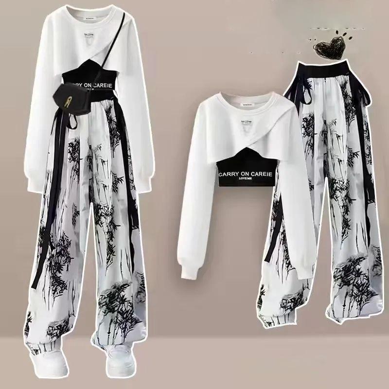 Lente Herfst Dames Mode Crop Sweatshirt Letter Sling Print Broek 1 of 3 Delige Set Dames Cool Streetwear Outfits Tops Broeken