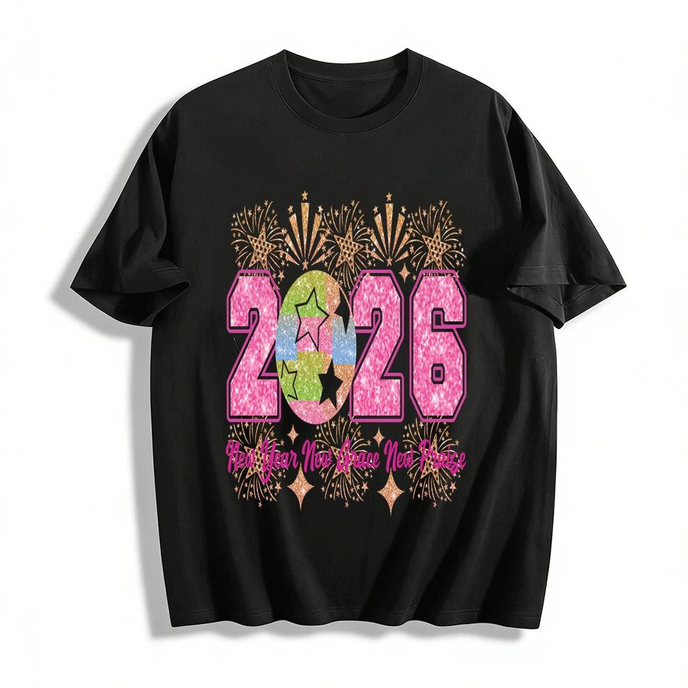2026 New Year New Grace New Praise Glitter Firework Print Top Pure cotton T-shirt XXS