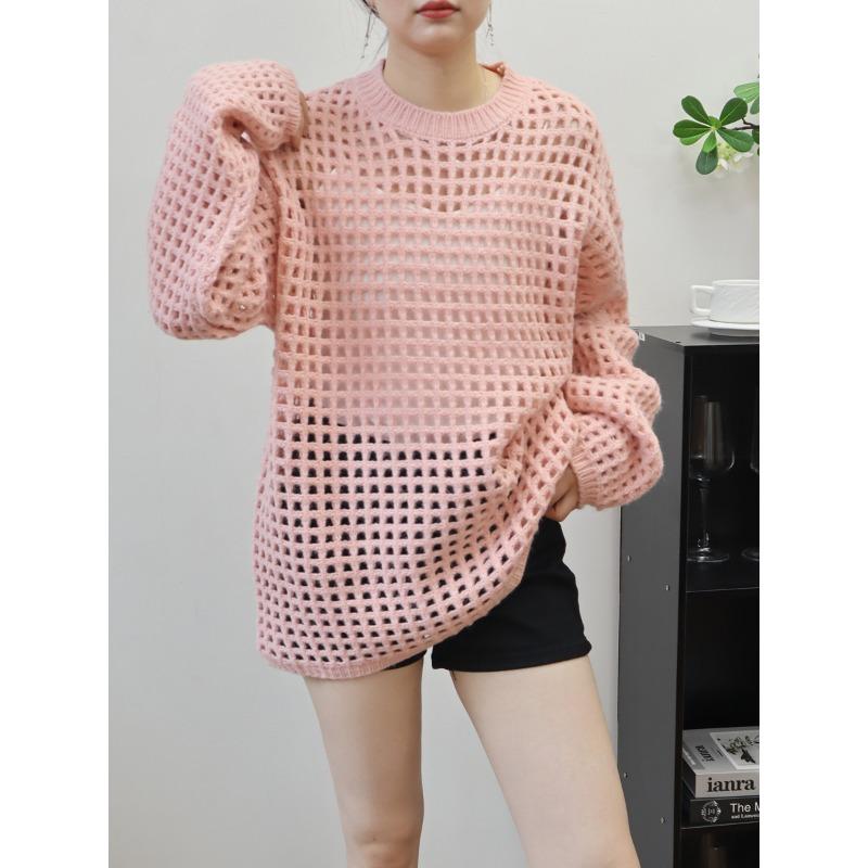 Hollow Thin Knitted Sweater Top Early Autumn New Loose and Thin Lazy Wind Sweater Pullover Woman