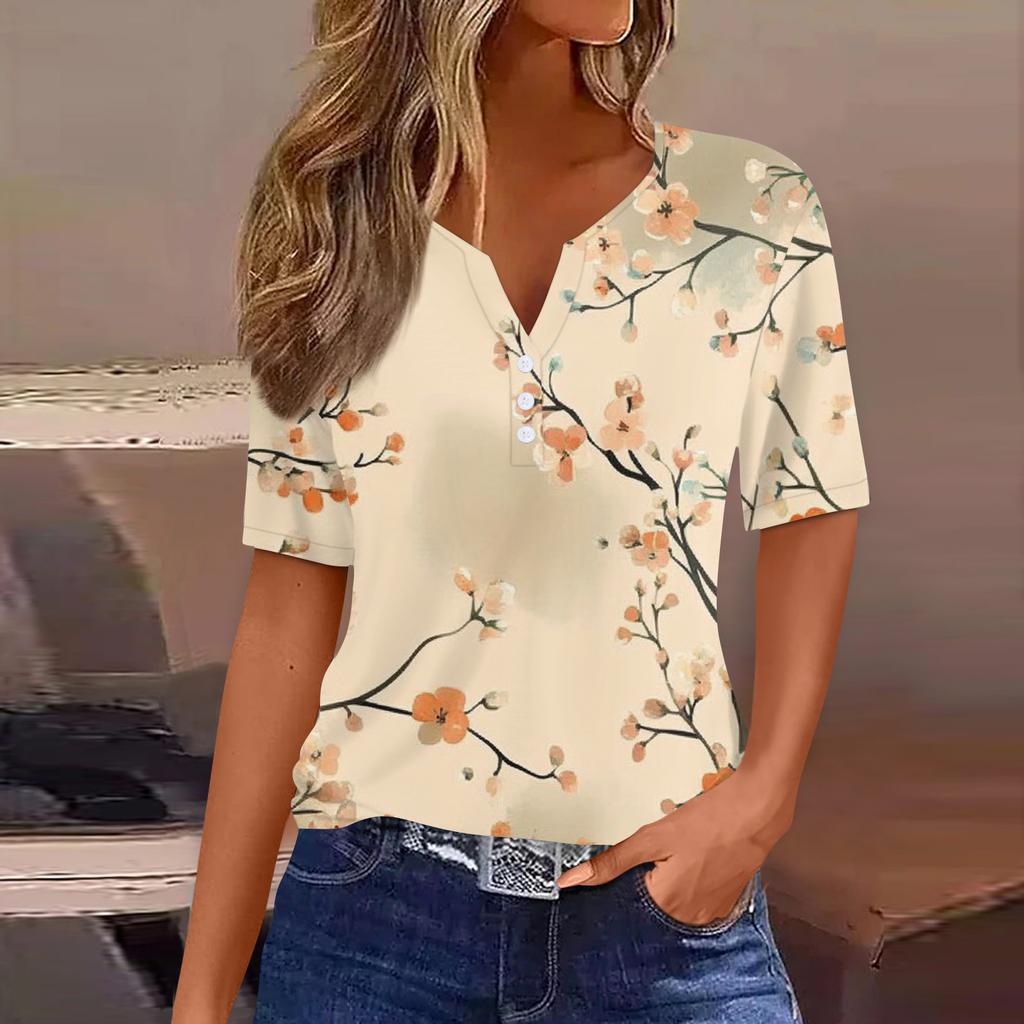 Women's T Shirt Print Button Short Sleeve Daily Weekend Fashion Basic V-Neck Regular Top