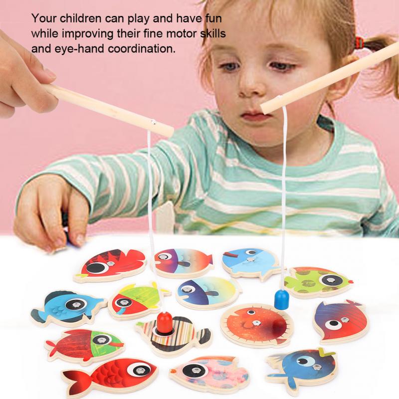 Buy 14 Fishes + 2 Fishing Rods Wooden Fishing Game Kids