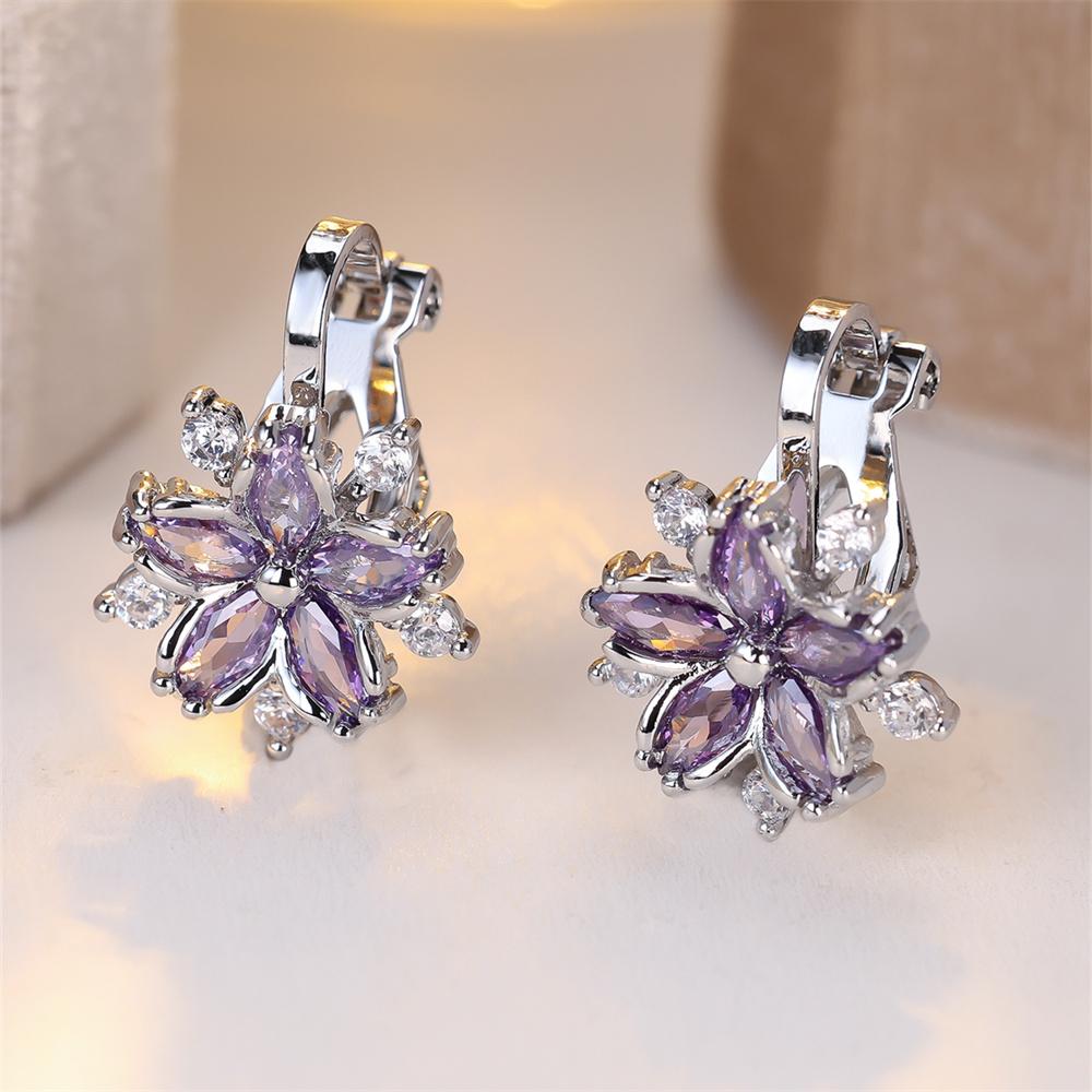 Rainbow Zircon Cute Flower Earring Multicolor Crystal Sakura Clip Earrings For Women Vintage Silver Color Bridal Wedding Jewelry