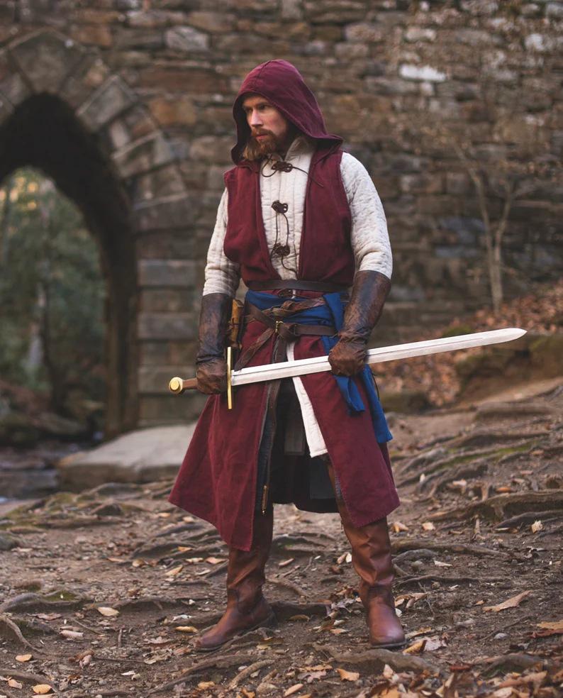 Linen Medieval Open-Front Hooded Robe Cloak