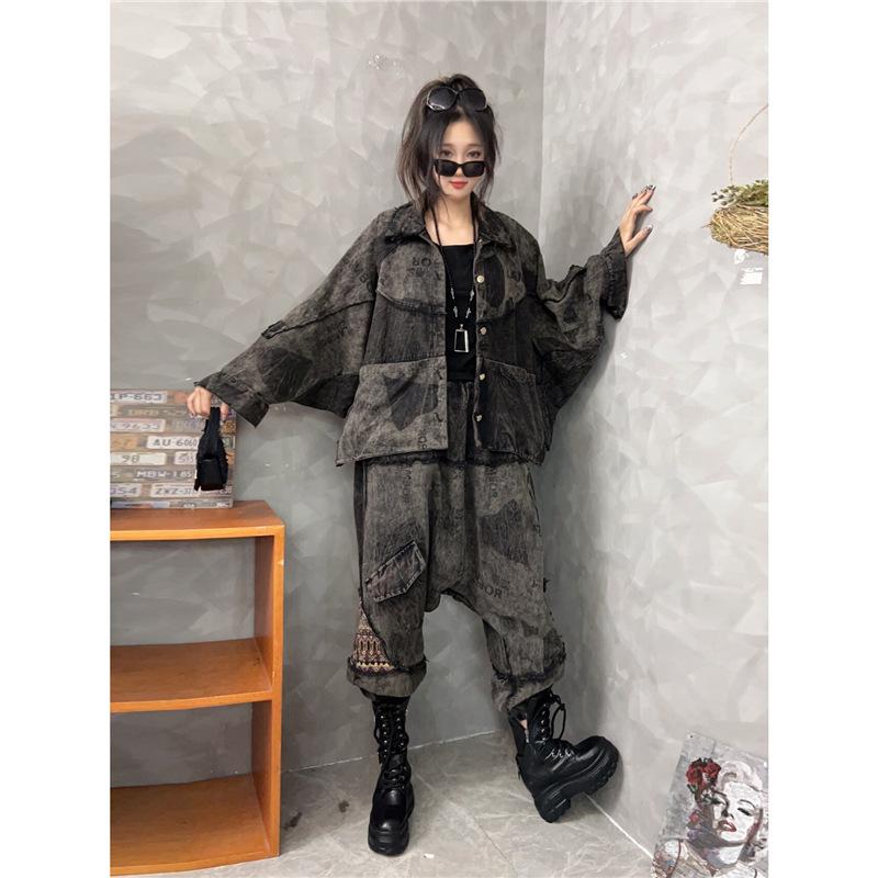 Niche personality trendy cool do old denim fashion suit women's autumn style foreign style loose jacket crotch pants two-piece set trendy