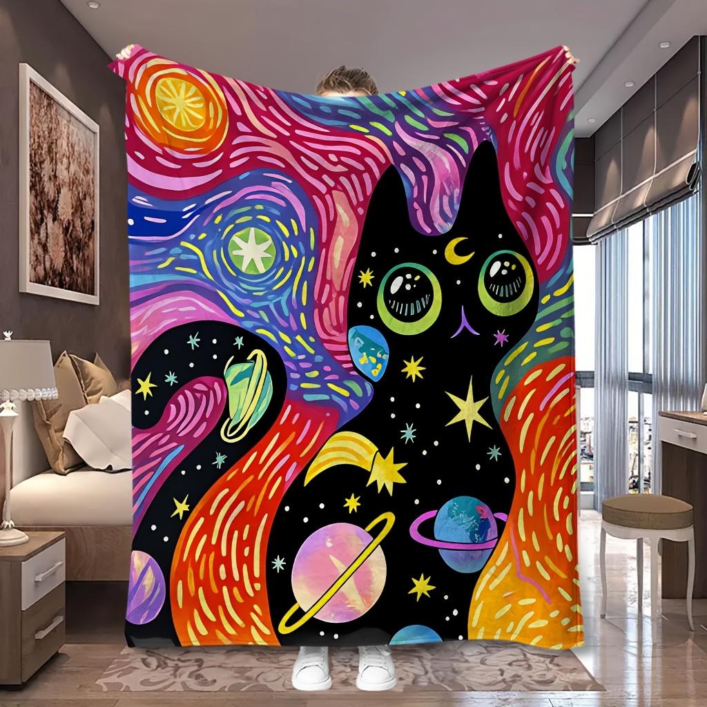 1pc Psychedelic Space Cat Colorful Galaxy Art Print Flannel Blanket, All-Season Usable And Soft, Suitable for Blankets, Kids Bed Covers, Living Room S