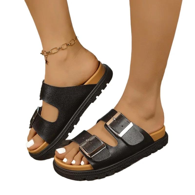 Fashion Ladies Shoes 2025 Brand Open Toe Women's Slippers Fashion Belt Buckle Casual Plus Size New Best Seller Comfortable Flat Slippers