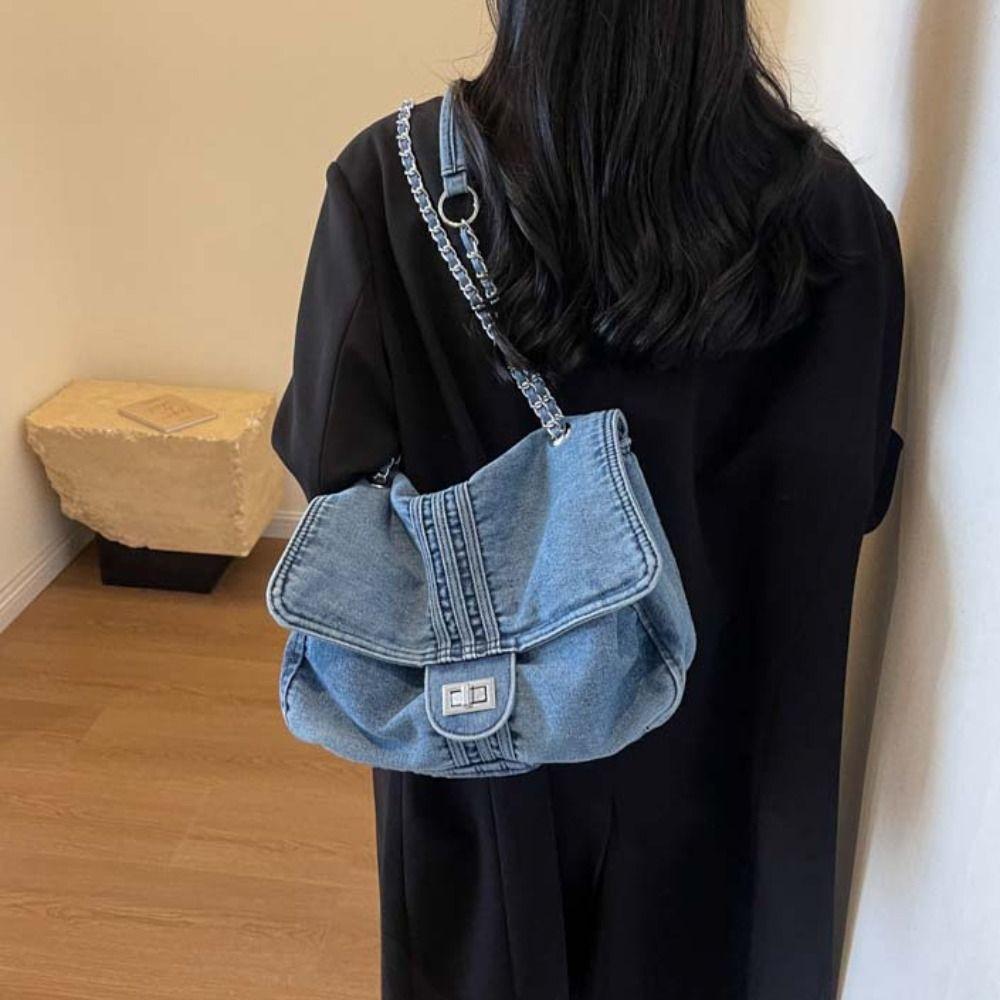 

Street Style Denim Canvas Bag Shoulder Bag Solid Crossbody Bag Fashionable Vintage Handbag Girl