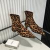 Fashion New Zippers Fashion Pointed Toe Women Ankle Boots with Low Heel Shoes Female Leopard Print Footwear Ladies Stretch Modern Boots