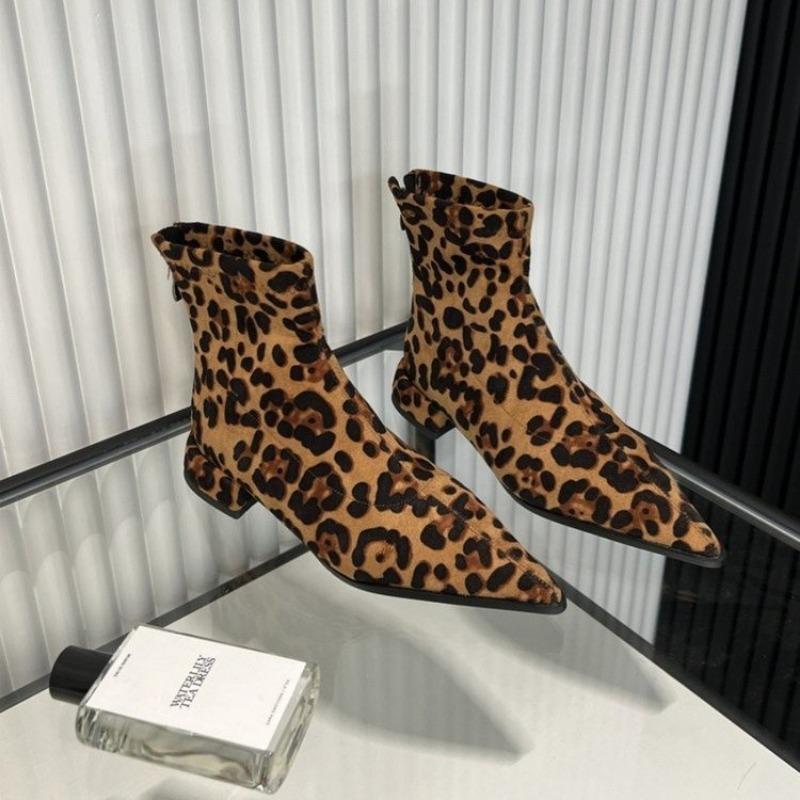 Fashion New Zippers Fashion Pointed Toe Women Ankle Boots with Low Heel Shoes Female Leopard Print Footwear Ladies Stretch Modern Boots