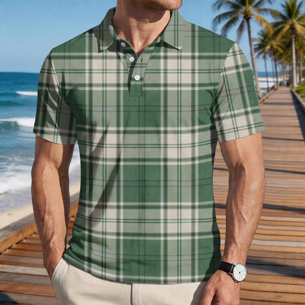 Mens Loose Fit Casual Plaid Print Short Sleeve Polo Shirt Classic Turn Down Collar Soft Lightweight Top