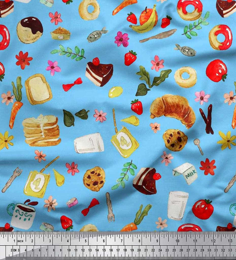 Soimoi Japan Crepe Satin Fabric Fruits,Bread & Donut Food Decor Fabric Printed metre 42 Inch