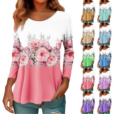 Women's Casual Fashion Floral Print Long Sleeve O-Neck Pullover Top Blouse