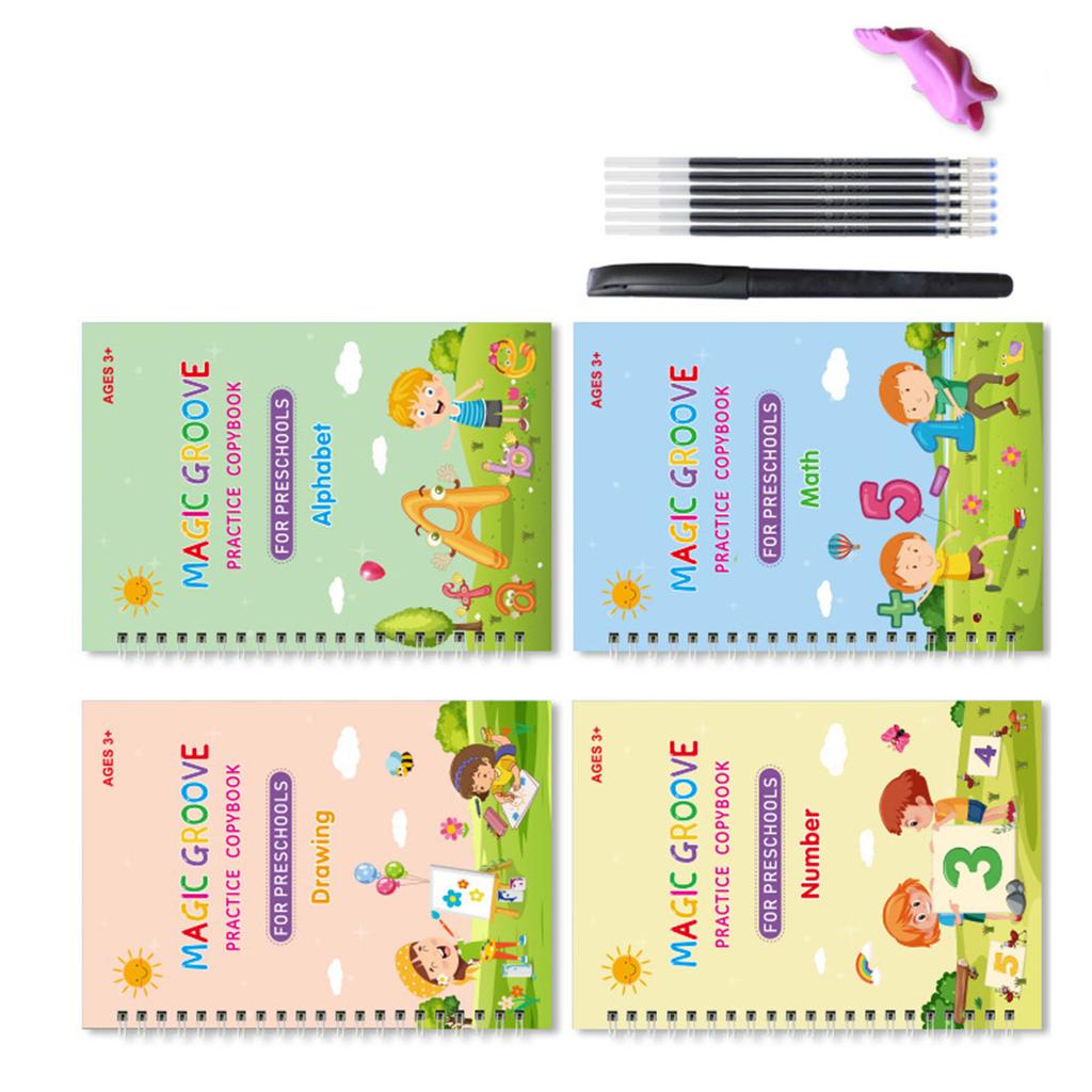 Reusable Handwriting Practice Book Copybook for Kids Reusable Writing Practice Notebook with Fading Ink Pen Grip Helper Spiral Binding for 3-8 Years O