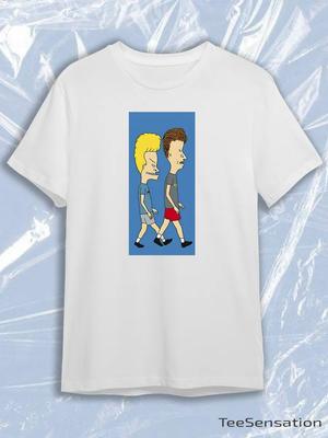 TeeSensation White Crew Neck Short Sleeve T-Shirt with Beavis and Butt-Head Walking Vertical Blue Print