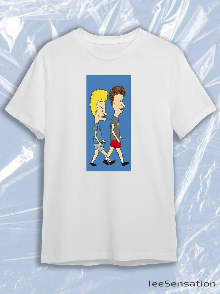 TeeSensation White Crew Neck Short Sleeve T-Shirt with Beavis and Butt-Head Walking Vertical Blue Print