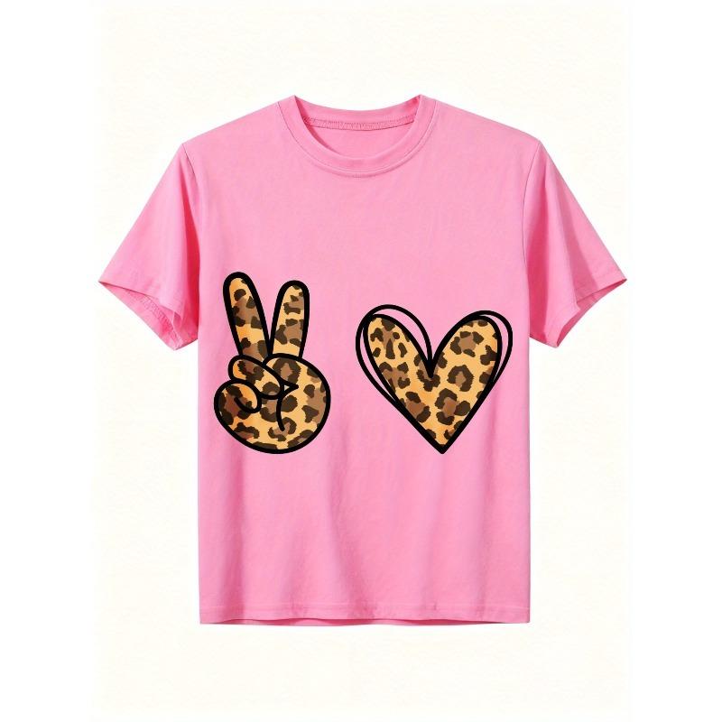 European sizes Leopard Print Peace & Heart T-Shirt - Soft Round Neck Casual Playwear for Kids