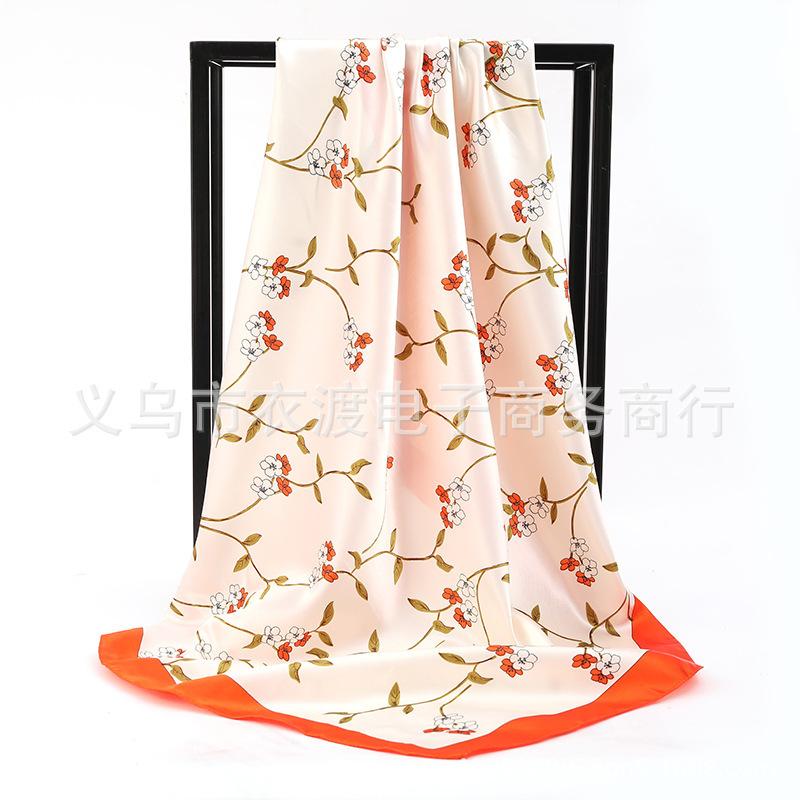 90*90Cm Women Elegant Floral Printed Square Imitation Silk Scarf Hijab Women Luxury Sunscreen And Dustproof Kerchief Head Scarf