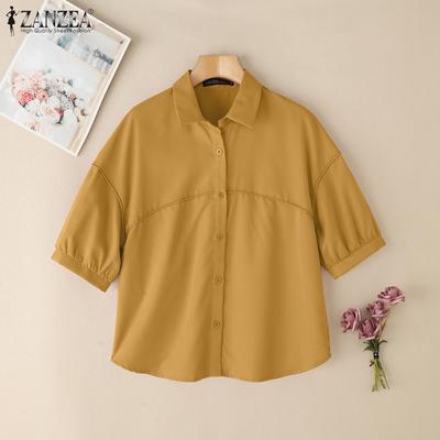 Women Casual Turn Down Collar Summer Short Sleeve Blouse