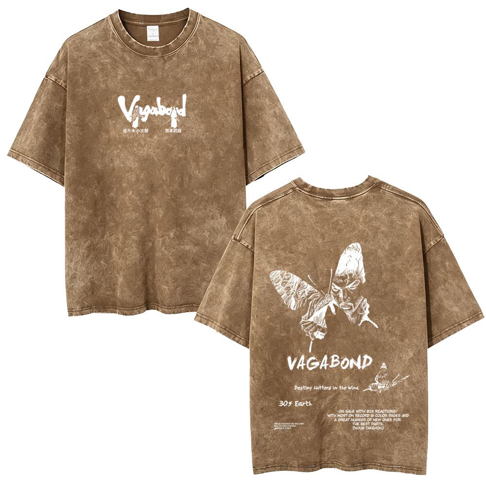 Gewaschenes Vintage Anime Vagabond Miyamoto Musashi Kirschblüten Grafik T-Shirt Herren Damen Lässiges Oversized T-Shirt 90er Jahre Streetwear
