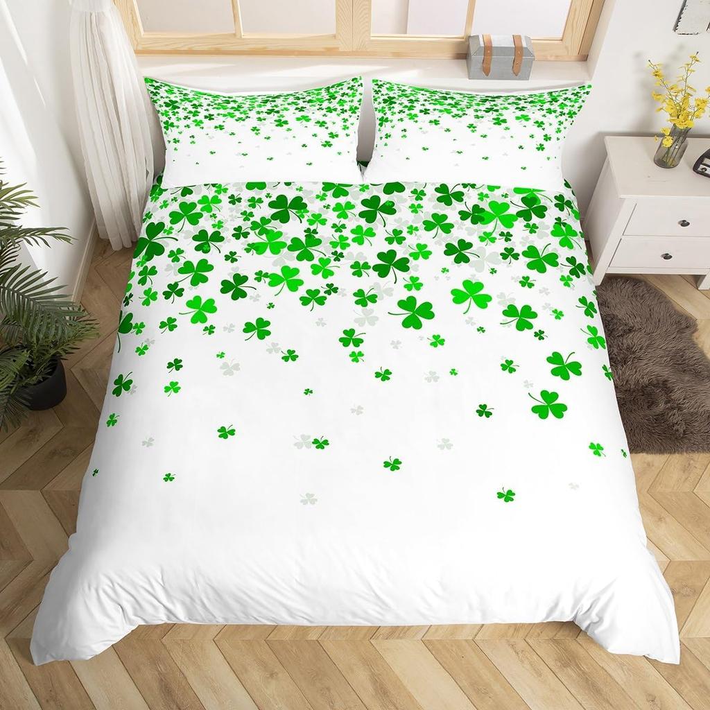 St. Patrick'S Day Duvet Cover Full Queen Spring Gnomes Comforter Cover 2/3 Pcs Green Botanical Leaves Flower Clover Bedding Set