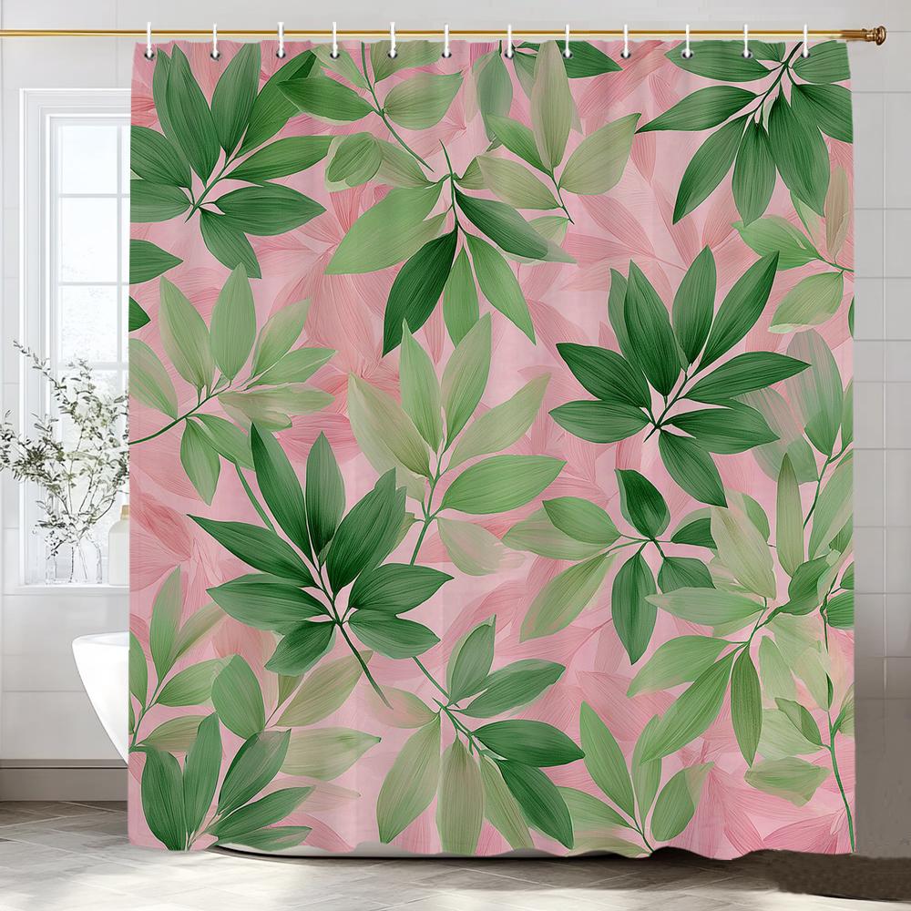 Tropical Green Leaves Monstera Pattern Shower Curtain, Bathroom Decorative Shower Curtain, Print Polyester Curtain With Hooks