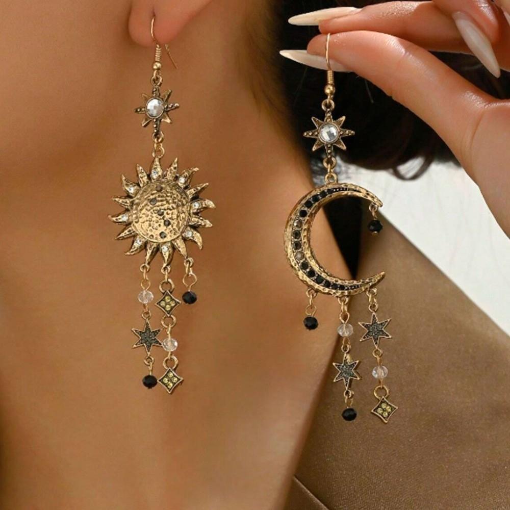Orecchini Pendenti Bohemien Sole Luna Stelle Orecchini Pendenti con Nappa Metallica e Strass Scintillanti Orecchini a Lobo Pendenti con Nappa Lunga
