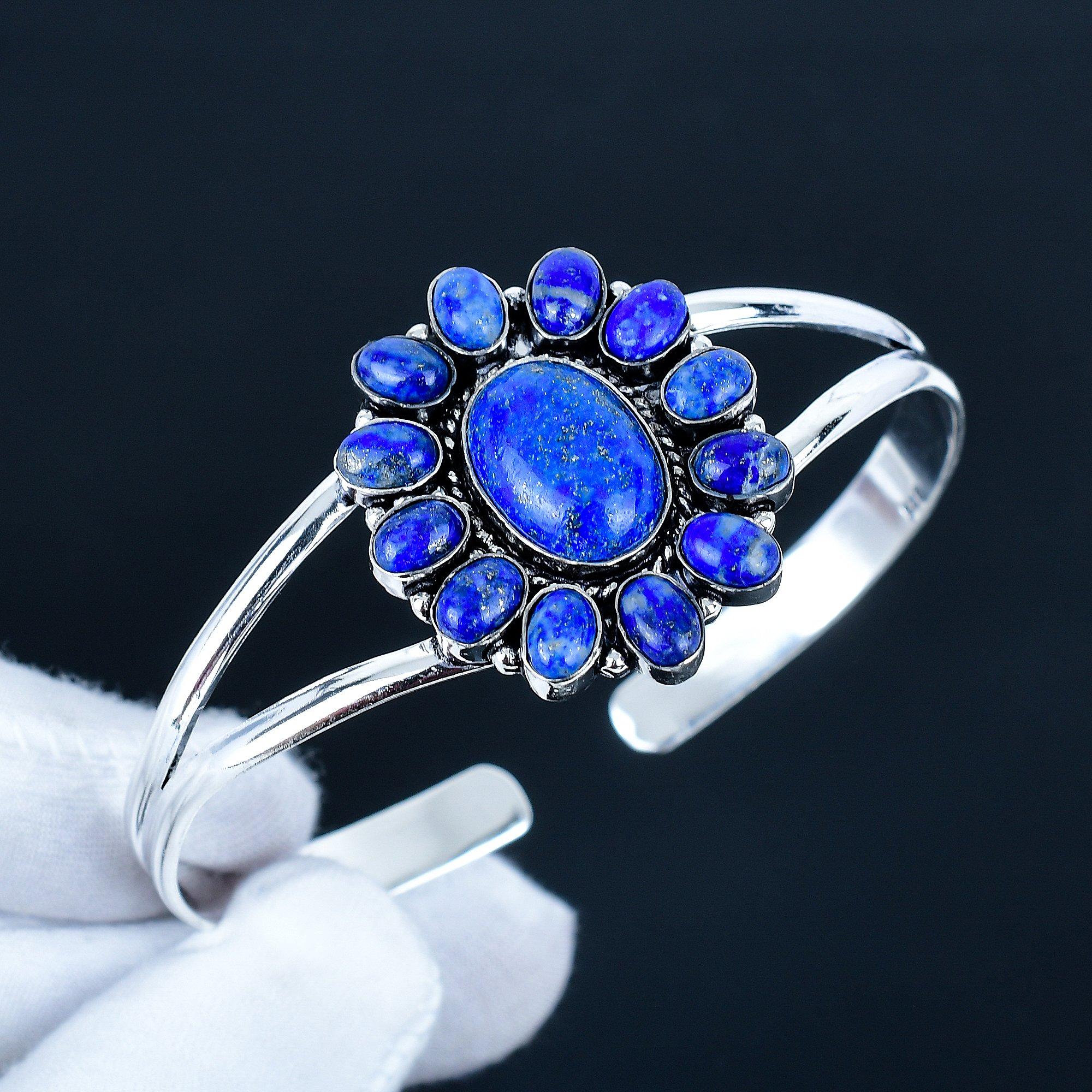 

Натуральный Лазурит Драгоценный Камень Ручной Работы Манжета Браслет 925 Стерлинговое Серебро Манжета Браслет, Браслет в Форме Цветка из Лазурита Для Жены, Унисекс Браслет 7 синий