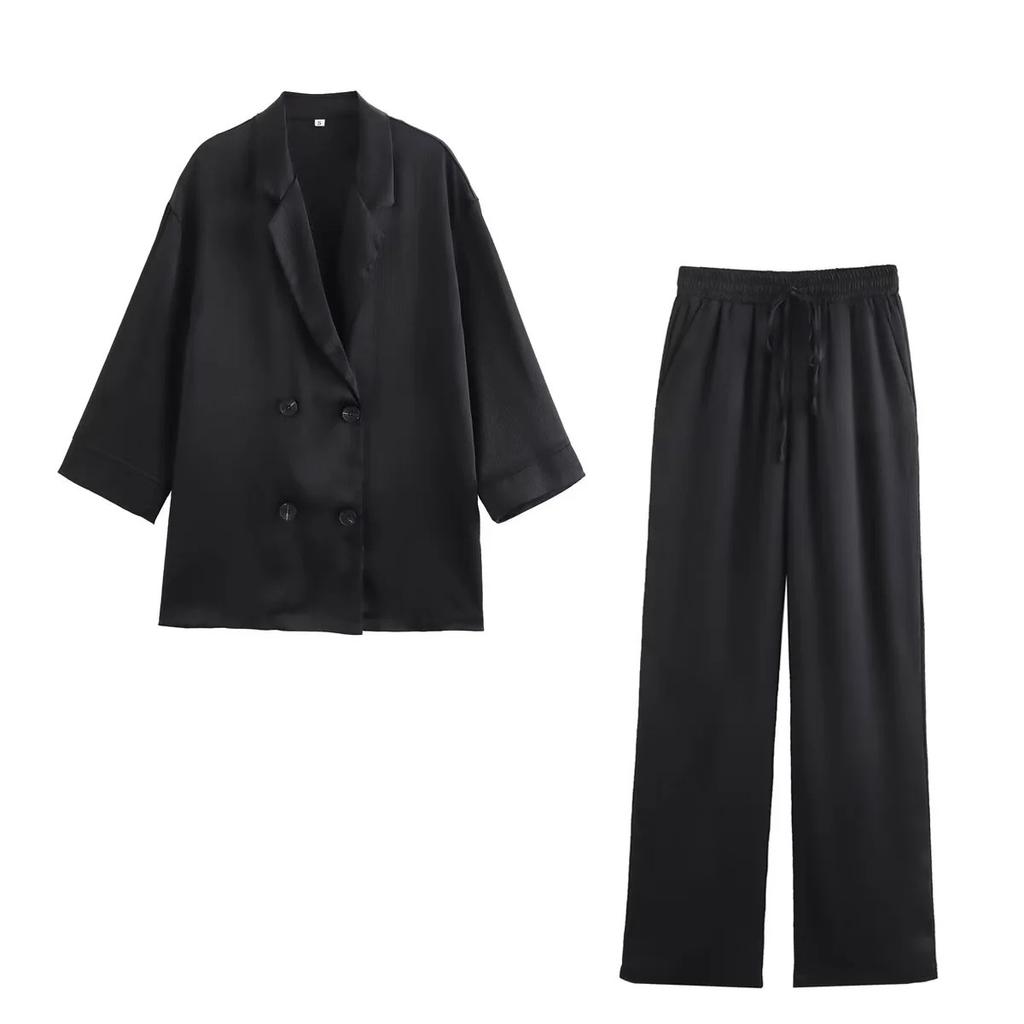 Women's Summer Double-breasted Long-sleeved Jacket + Pants Two-piece Suit Solid Color Leisure Suit