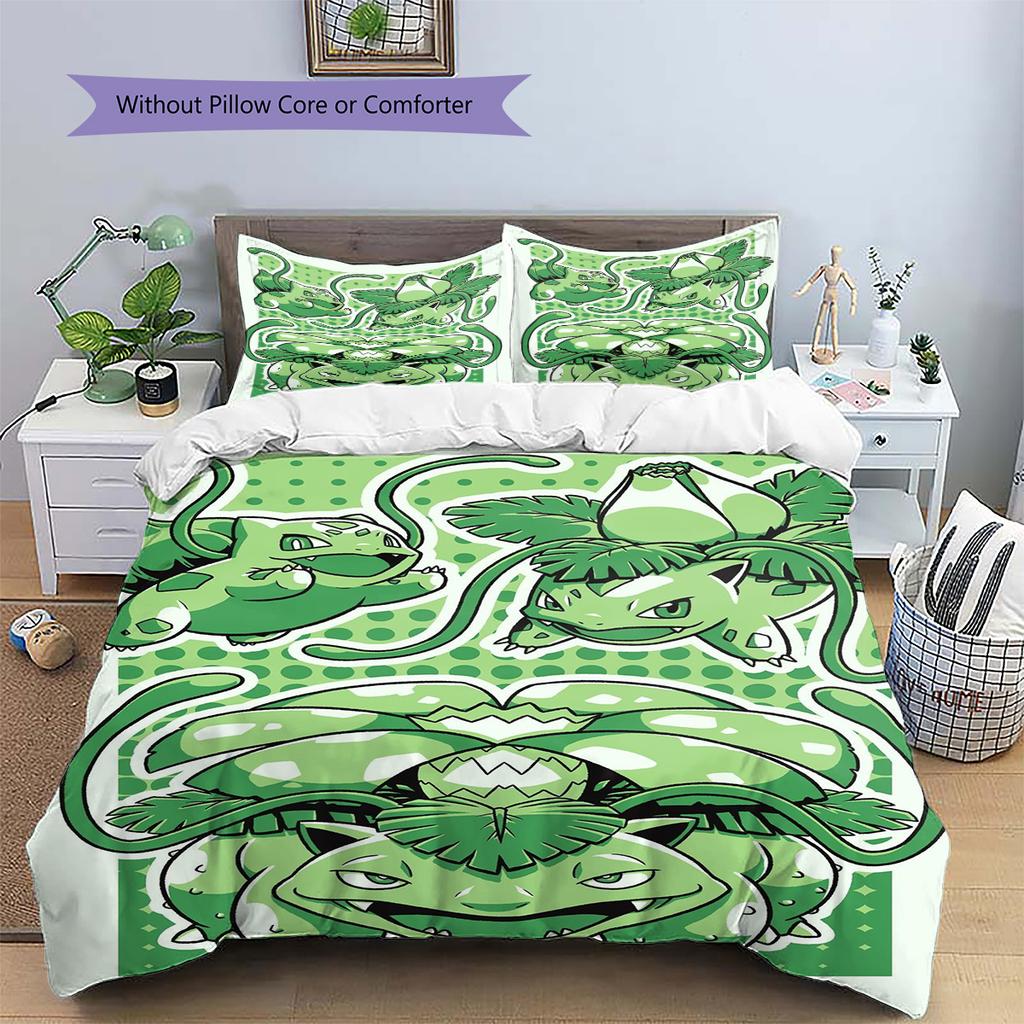 Bulbasaur Patterned Pillowcase & Duvet Cover Set Anime Design Bedding for Bedroom Gift for Anime Enthusiasts.-TING