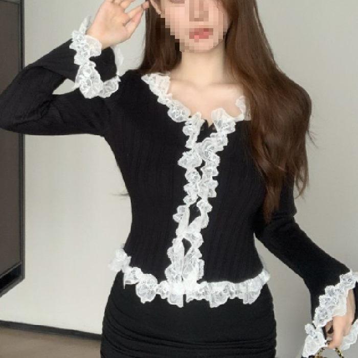 New Arrival: French Fashion Lace Patchwork Knit Cardigan - Sweet & Slim Fit for Early Autumn
